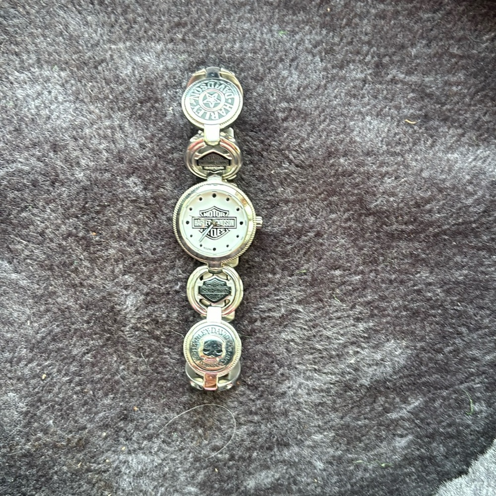 Woman’s Harley Davidson silver watch bracelet.